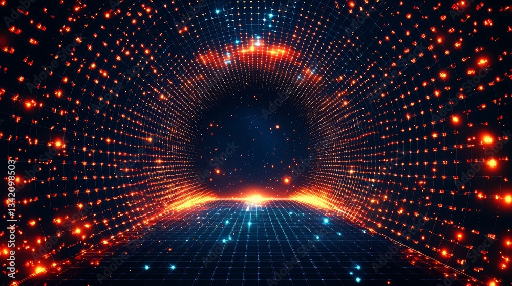 Poster Dark blue and orange tunnel with a bright orange light at the end. The tunnel is filled with glowing lights that create a sense of mystery and wonder