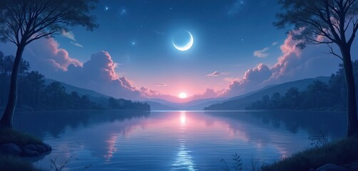 Night scene featuring glowing crescent moon over still water. Pink sunset colors on clouds, forest reflected in tranquil lake. Celestial landscape evokes serenity, calmness, mindfulness, beauty of