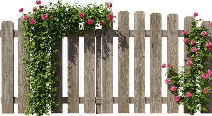 Rustic Wooden Fence Adorned with Blooming Pink Roses and Lush Greenery