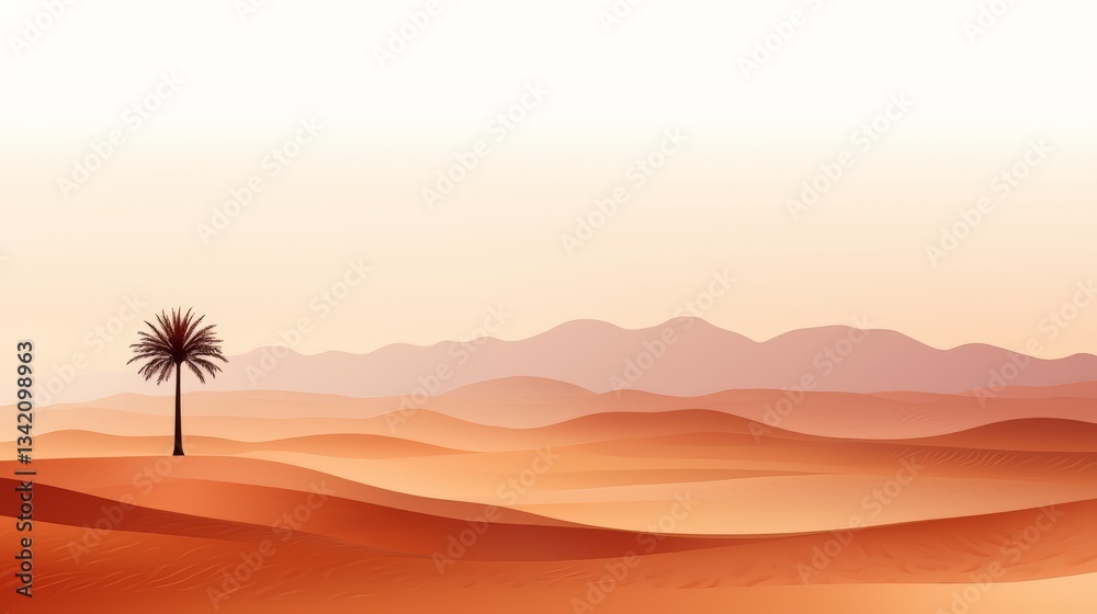 Poster Desert scene with a palm tree in the foreground. The sky is a light blue color. The desert is a vast, empty landscape with no other objects in the scene