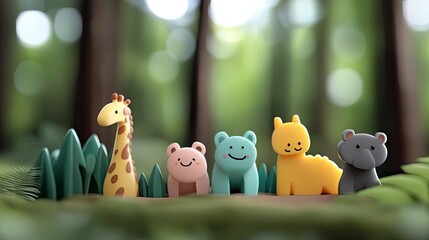 Adorable cartoon animals ? giraffe, frog, lion, bear ? in a whimsical forest setting.