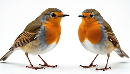Obraz premium Two cute robins isolated on transparent background. Orange breasted birds symbol spring. Small sparrows studio shot, represent wildlife. Feathered animal avian species isolated on white background.