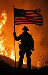 Firefighter silhouette holds USA flag against flames. Orange glow from fire, dark tones create dramatic effect. Brave first responder symbolizes strength, resilience, national pride, facing danger.