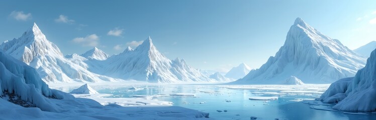 Panoramic view of icy lake with ice floes and snow mountain peaks on horizon in bright polar region landscape. Climate change concept abstract background banner, wallpaper or illustration.