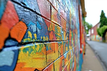 Obraz premium Close-up perspective of a colorful graffiti brick wall along a street with houses, depicting urban art in an artistic and vibrant display in a city setting.