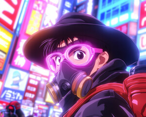 Animated boy in neon Tokyo street scene, wearing gas mask. Possible use for animated movie poster or social media graphics
