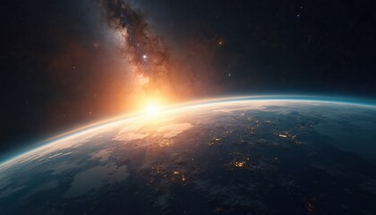 Breathtaking view of sunrise from space orbit. Golden sun rays illuminate earth curvature against star-studded cosmos expanse. Photo of our planet from outer space. Astronomy concept.