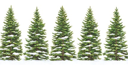 Obraz premium Five evergreen trees covered with snow isolated on white background