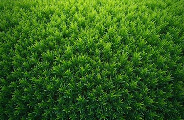 Vibrant green dense grass texture background. Top view of bright grass lawn. Ideal backdrop for spring, summer themes, nature related projects or sports field concepts.