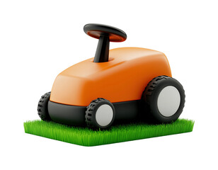Orange lawn mower toy on grass with black for cutting garden grass PNG on Transparent Background