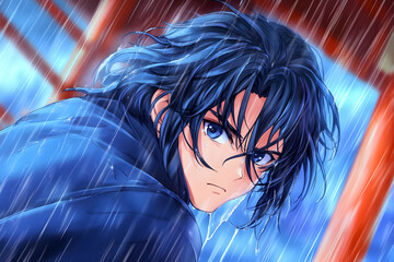 Anime character in rain, focused gaze, Japanese style structure in background. Potential use Digital art print, game art