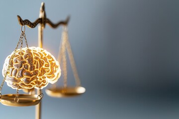 Justice scale gavel law brain analysis. Brain and scales symbolizing justice and balance in a conceptual representation.