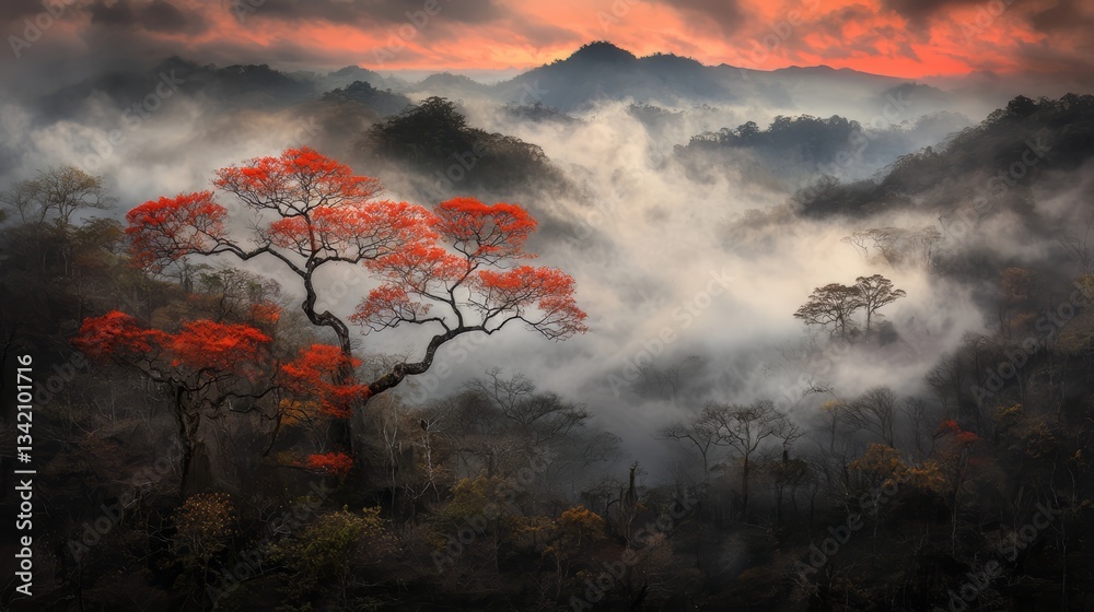 Poster Forest with a large tree in the foreground and a misty sky in the background. The tree is red and has a long trunk