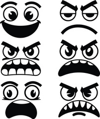 Cartoon Angry and Happy Face Expressions, Vector Emoticon Set.