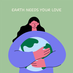 Earth day illustration - Woman hugging Planet. Save the Earth. Eco-Friendly, sustainable living, environmental protection. Love the Planet, green future, climate change awareness art