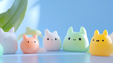 Obraz premium Adorable pastel-colored mochi cat figurines arranged on a light blue surface, with a green leaf in the background.