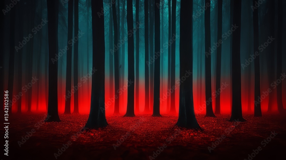 Poster forest with red and blue trees. the red trees are glowing and the blue trees are creating a contrast