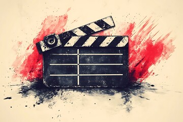 Grungy Film Clapperboard on Red and Black Watercolor Splash Background