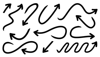 Set of Hand-Drawn Curved and Wavy Arrows for Directional Visuals, Sketch Arrow Design, and Pointer Collection in Doodle Style for Navigation and Infographics