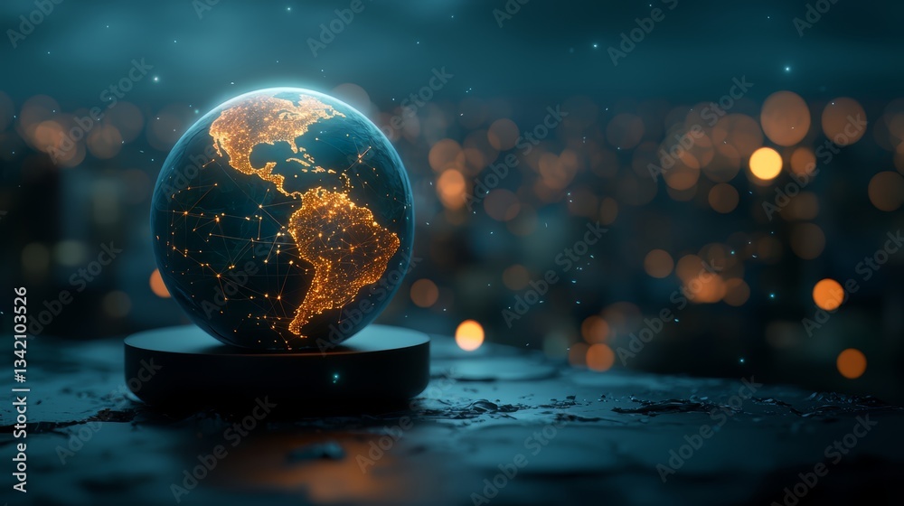 Poster Globe with a city in the background. The globe is lit up with a warm glow. The city in the background is lit up with a cool blue light. Concept of wonder and curiosity about the world