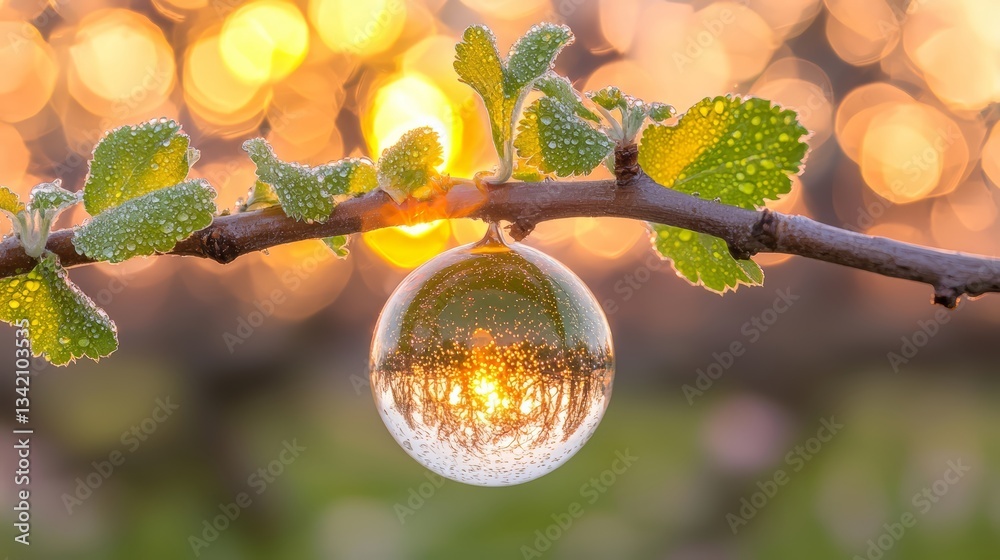 Poster glass ball is hanging from a tree branch. the ball is reflecting the sun and the surrounding leaves.