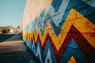 A colorful zigzag pattern painted on a textured wall, creating a vibrant urban landscape on a sunny day, perfect for street art or urban background.