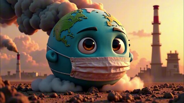 Animated earth character with mask amid factory smoke highlights environment concerns