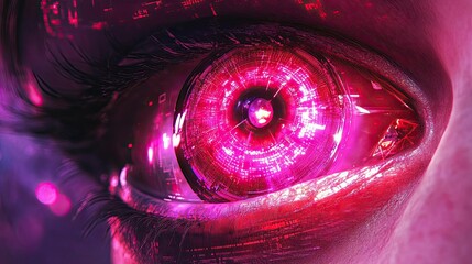 A creative animation showcasing a human eye with a rainbow-colored iris. Bright binary light scatters into colorful lines, shaping a 3D volumetric iris and pupil. High-quality 4K rendering