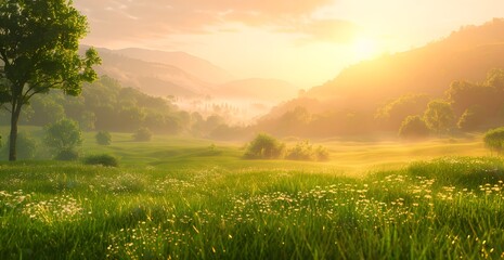 Obraz premium Misty Morning Meadow: Sunlit Landscape with Grass, Flowers, and Rolling Hills