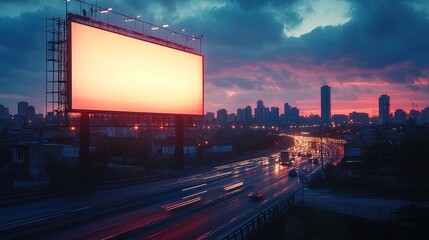 A tall blank billboard glowing in the evening light, with a busy road below 