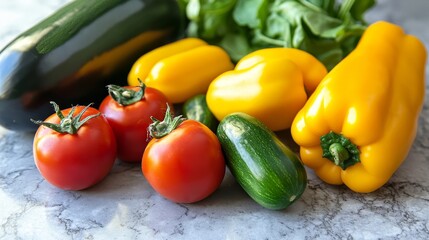 Colorful, fresh veggies on a gray countertop.  Plenty of room for text.
