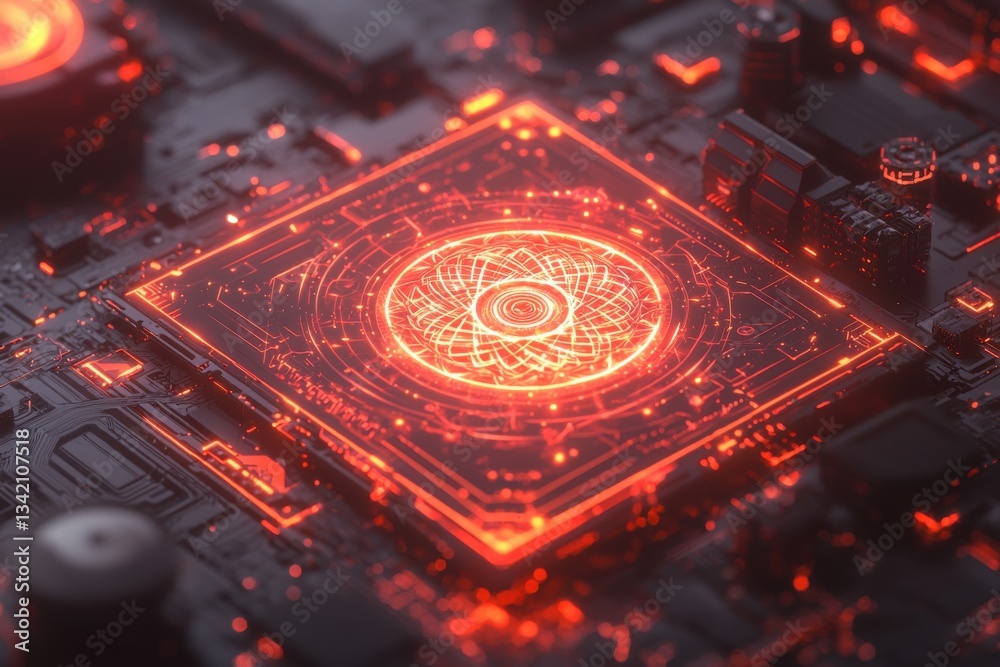 Poster an intricate red glowing circuit board with a complex, circular processor, illustrating advanced tec