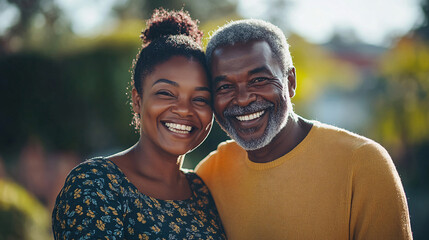 Black African-Amereican couple of various ages smiling and standing together outdoors on a sunny day DEI, DEIB