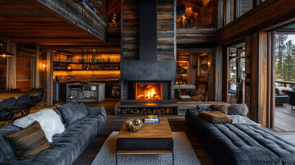 Cozy, upscale cabin with a wood-burning fireplace at the center, surrounded by warm, rustic wooden walls