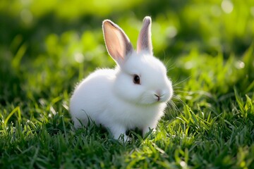 Fototapeta premium A small white rabbit with soft fur hops around in a lush green meadow. Sunlight filters through the leaves, creating a calm and peaceful atmosphere