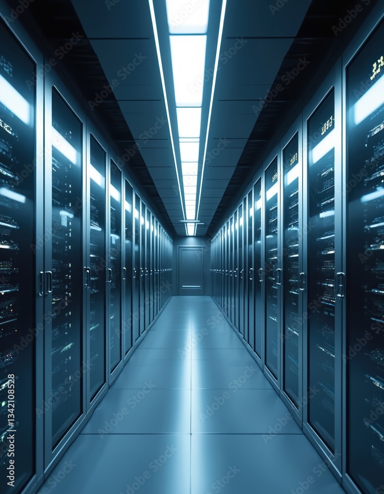 Poster Futuristic tech data center featuring rows of server racks. Digital information storage, computing network, cyberspace hosting. Innovation, modern electricity, power efficiency, speed capacity,