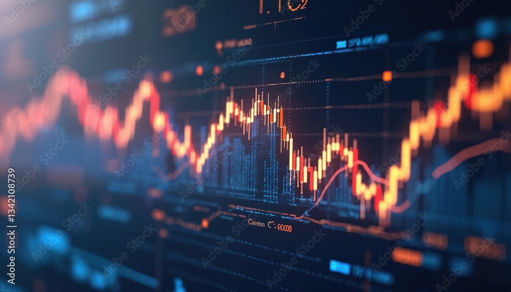 Aufkleber Stock market data display shows glowing graph with dynamic price fluctuations. Essential for financial analysis, trading decisions. Suitable for presentations, investment reports, data visualization,