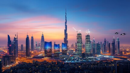 Fototapeta premium Dubai's future skyline: Glowing holographic buildings, spaceports, elevated highways, and flying vehicle landing pads, all linked by a vibrant digital network. 
