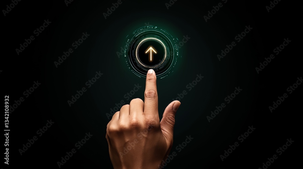 Poster Hand pointing up at a green button. The button is surrounded by a circle of dots. Concept of progress or advancement
