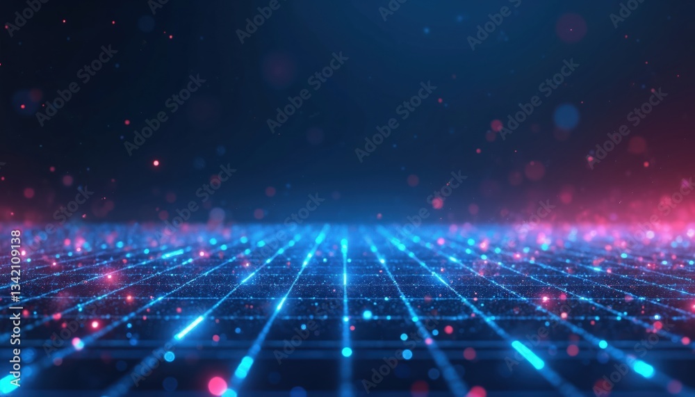 Poster abstract digital grid background with blue, pink glowing particles. futuristic network connection, d