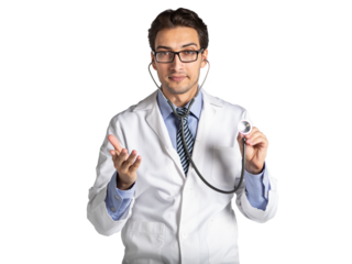 Positive handsome male doctor in medical gown and stethoscope pointing on free space isolated on white background. Copy space and place for text in medical