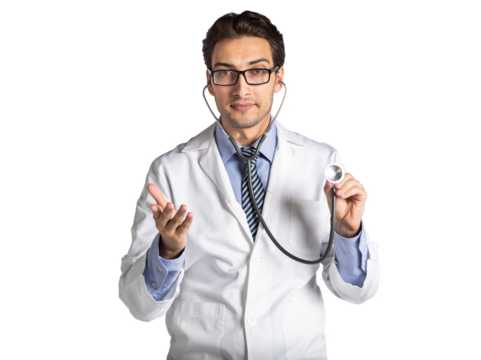 Positive handsome male doctor in medical gown and stethoscope pointing on free space isolated on white background. Copy space and place for text in medical