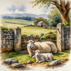 A watercolor of a ewe resting with her lambs by a weathered stone wall on a farm. The scene includes patches of moss on the stones, a tree with low-hanging branches nearby, and a wooden gate leading t