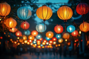 Illuminated Asian Lanterns Hanging at Night Festival Street Scene