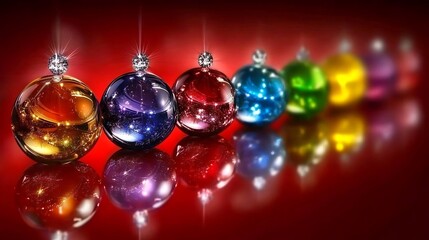 Vibrant Decorative Ornaments Arranged in a Row with Sparkling Reflections