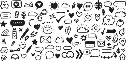 Cute line sketch star, arrow, heart decoration element line art. Hand drawn sketch doodle cute star vector