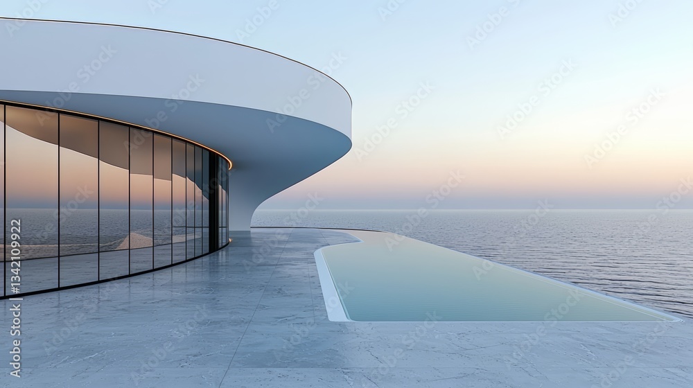 Poster Large white building with a pool and a glass wall overlooking the ocean. The pool is surrounded by a white stone walkway. The building and the pool are both very modern and sleek