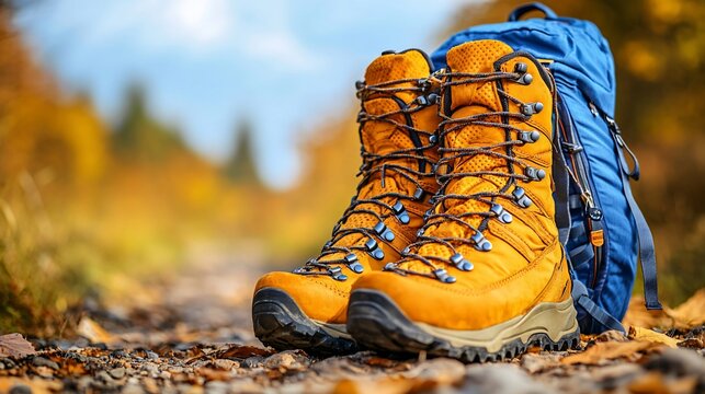 Yellow Hiking Boots and Backpack on Autumn Trail