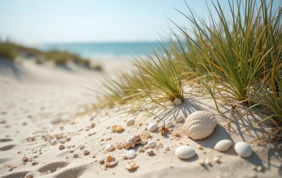 Seashells and Grass on Sandy Beach with Ocean View Background