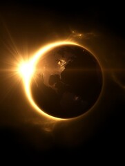 A glowing golden eclipse showcasing earth from space with light